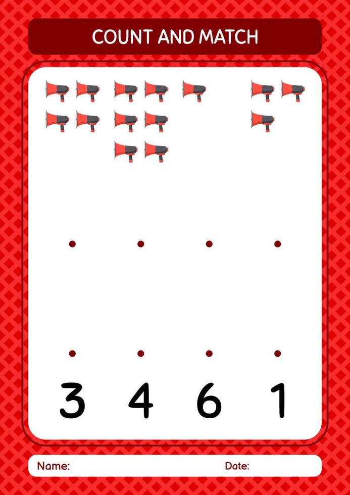 Count and match game with horn loudspeakers. worksheet for preschool kids, kids activity sheet vector