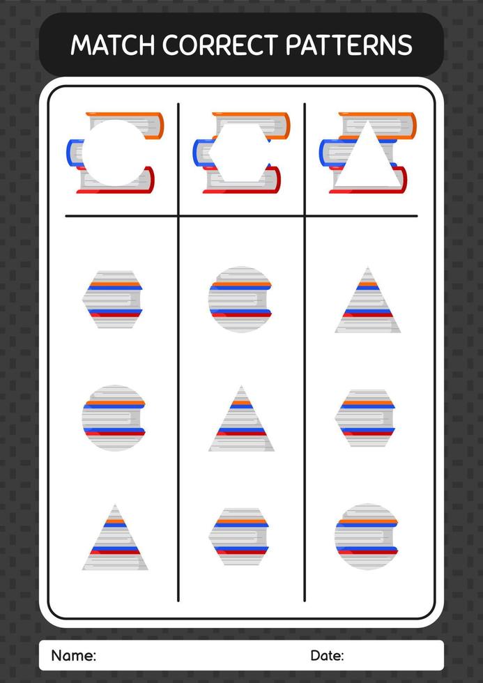 Match pattern game with book. worksheet for preschool kids, kids activity sheet vector