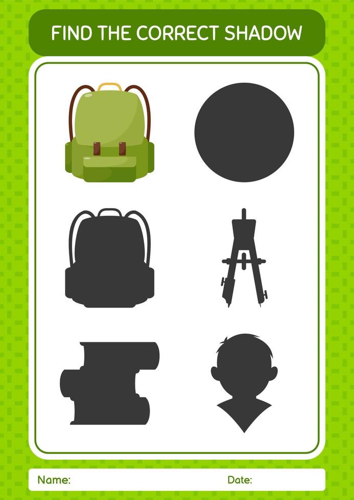 Find the correct shadows game with backpack. worksheet for preschool kids, kids activity sheet vector