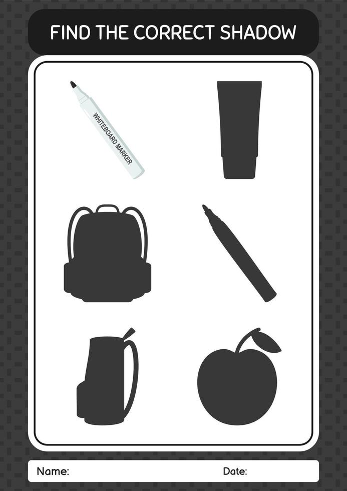 Find the correct shadows game with whiteboard marker. worksheet for preschool kids, kids activity sheet vector