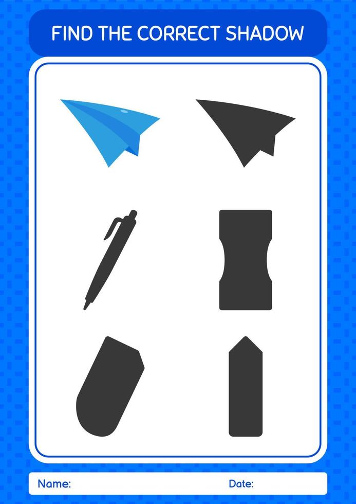 Find the correct shadows game with paper plane. worksheet for preschool kids, kids activity sheet vector