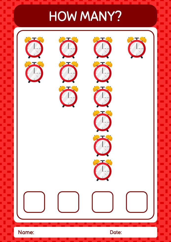 How many counting game with waker clock. worksheet for preschool kids, kids activity sheet vector