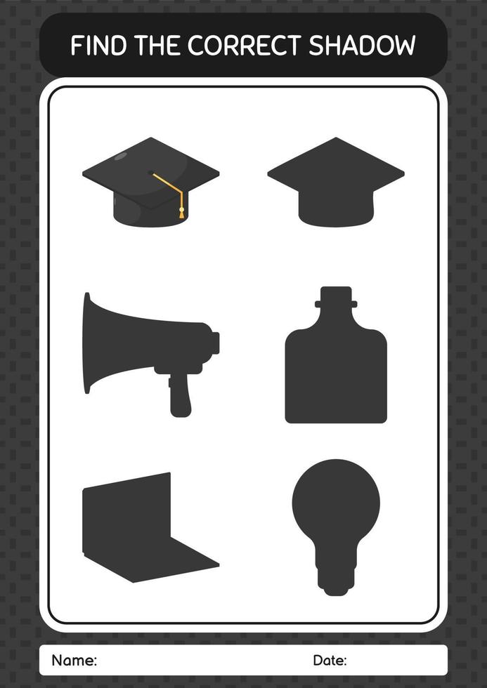 Find the correct shadows game with graduation cap. worksheet for preschool kids, kids activity sheet vector