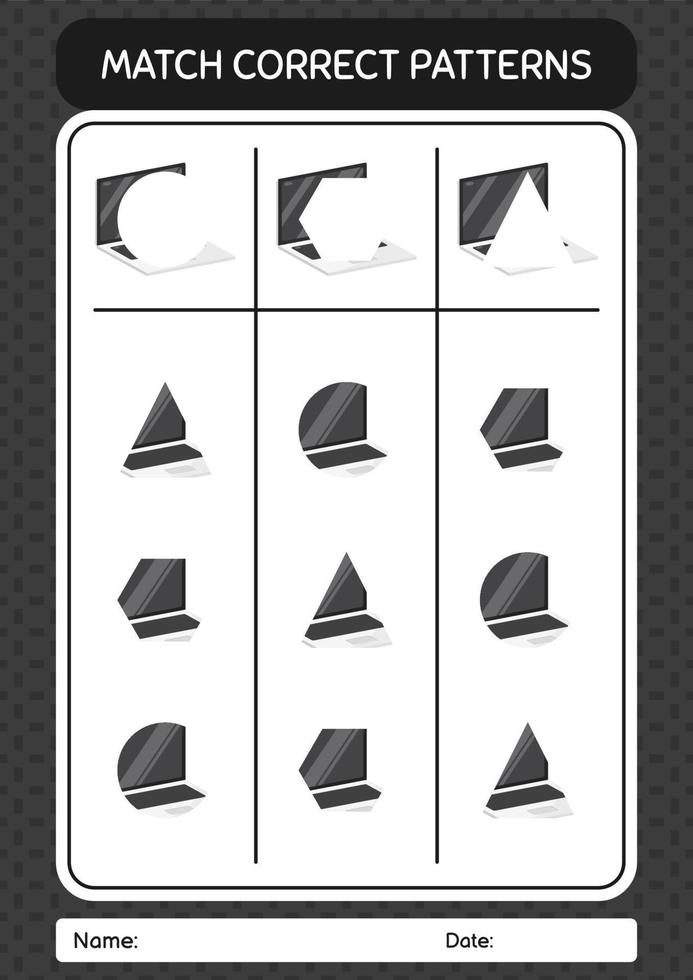 Match pattern game with laptop. worksheet for preschool kids, kids activity sheet vector