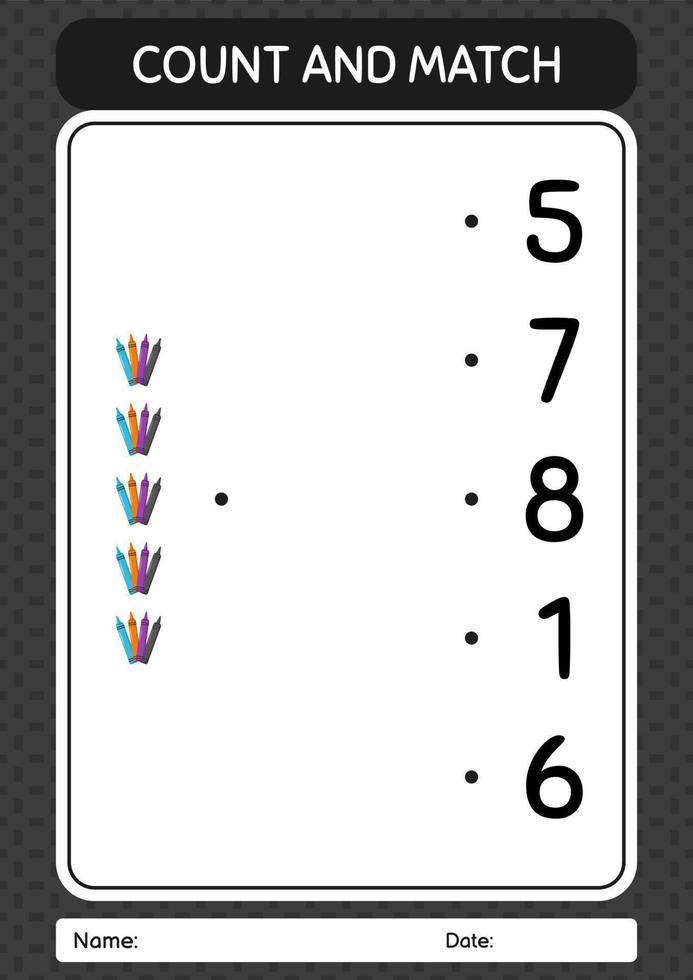 Count and match game with crayons. worksheet for preschool kids, kids activity sheet vector