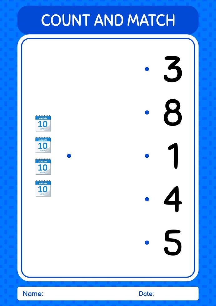 cuenta y combina el juego con el calendario. hoja de trabajo para niños en edad preescolar, hoja de actividades para niños vector