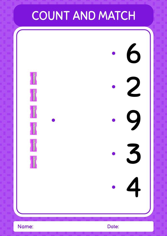 Count and match game with pencil sharpener. worksheet for preschool kids, kids activity sheet vector