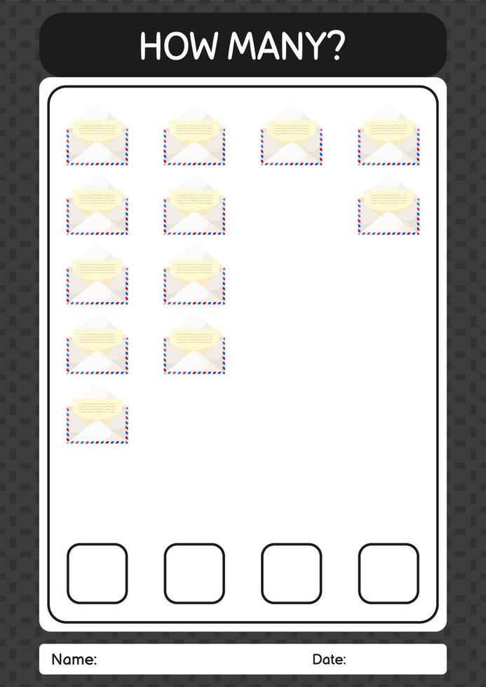 How many counting game with paper mail. worksheet for preschool kids, kids activity sheet vector