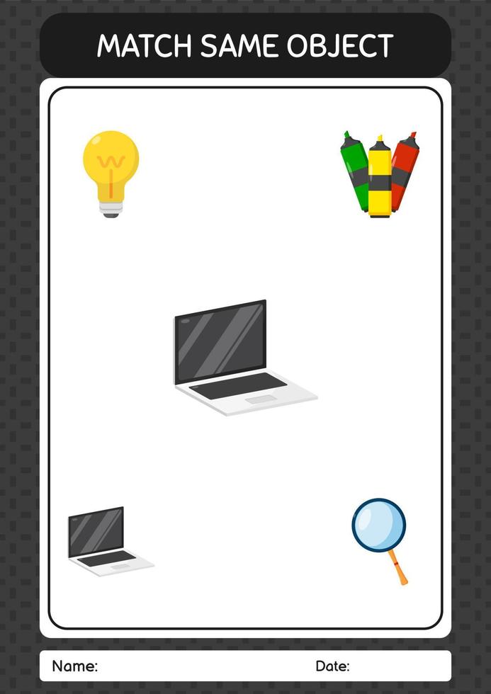 Match with same object game laptop. worksheet for preschool kids, kids activity sheet vector