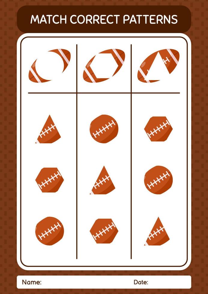 Match pattern game with rugbyball. worksheet for preschool kids, kids activity sheet vector