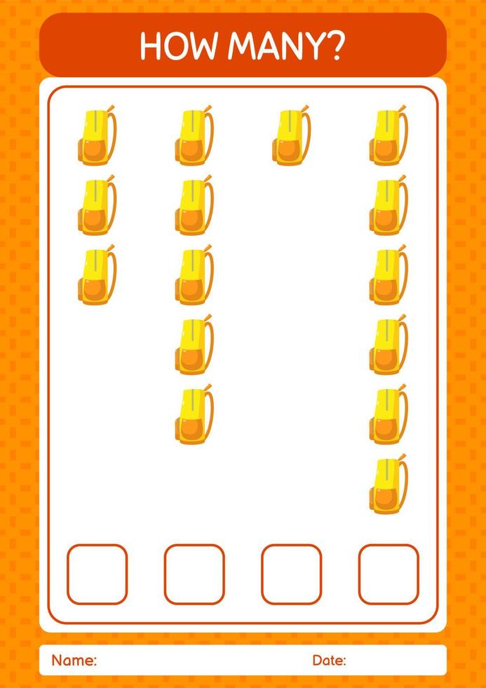 How many counting game with backpack. worksheet for preschool kids, kids activity sheet vector