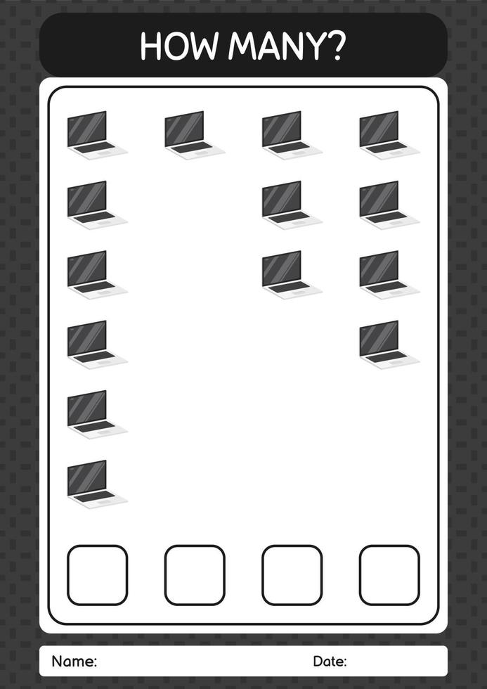 How many counting game with laptop. worksheet for preschool kids, kids activity sheet vector