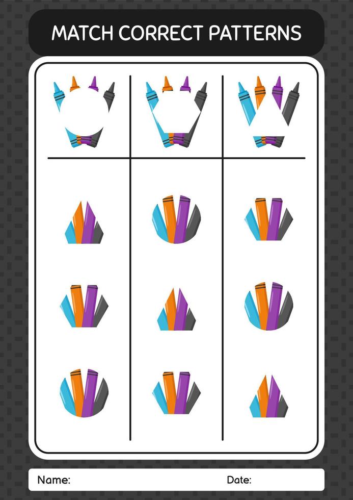 Match pattern game with crayons. worksheet for preschool kids, kids activity sheet vector