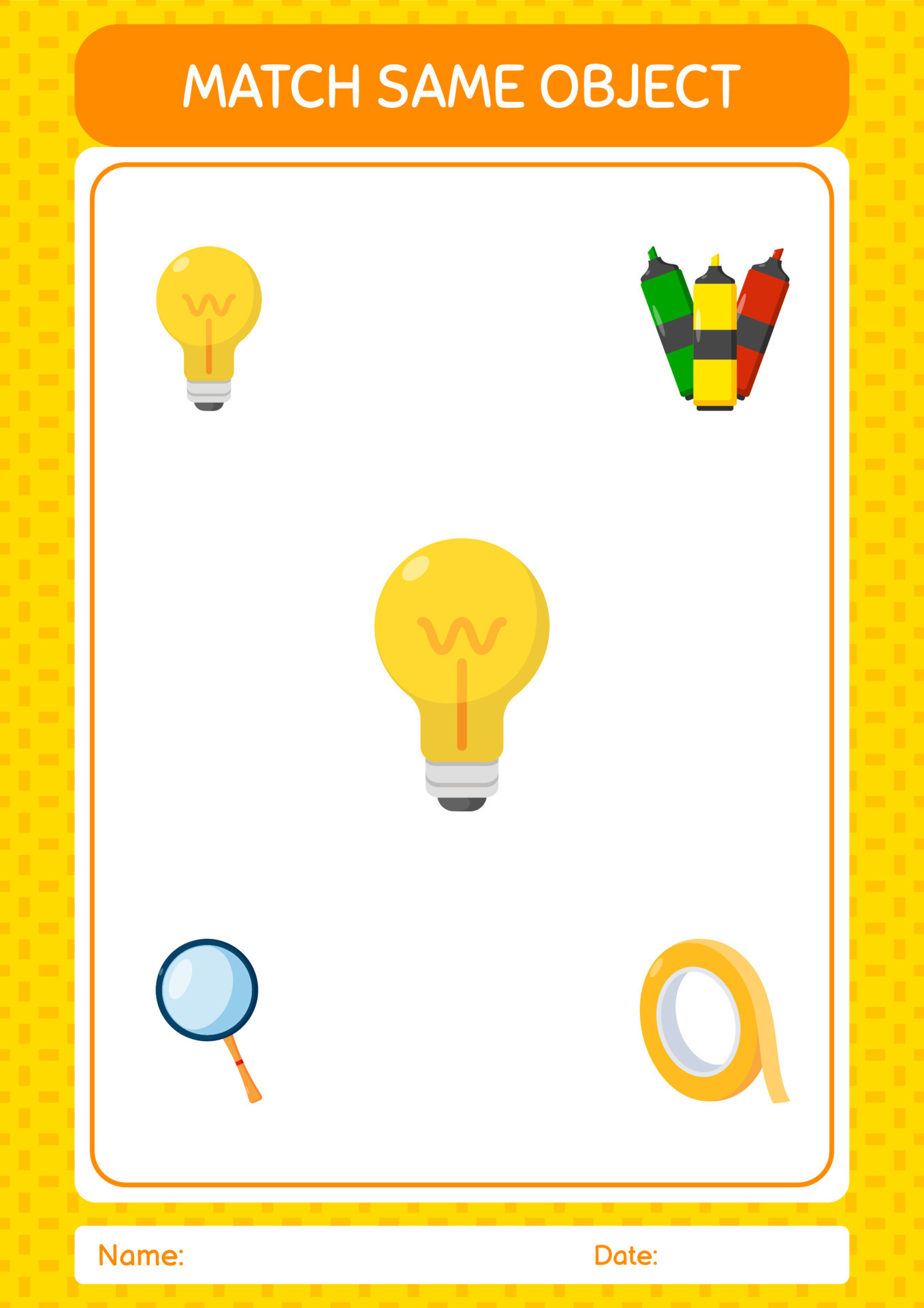 Match with same object game light bulb. worksheet for preschool kids