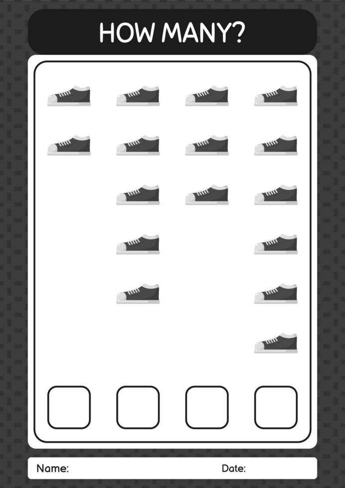 How many counting game with shoes. worksheet for preschool kids, kids activity sheet vector