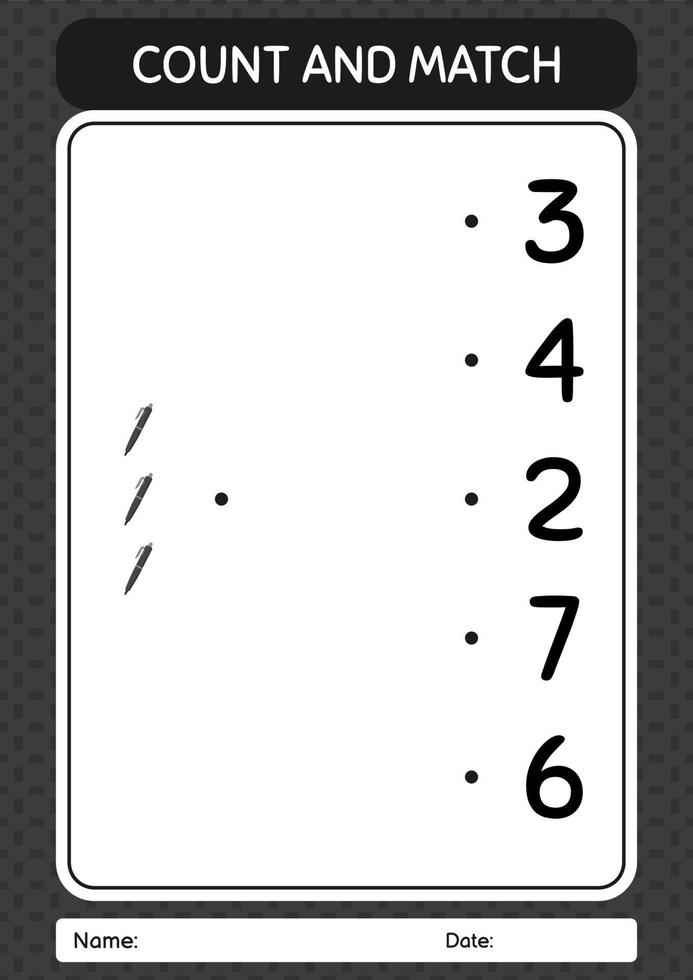 Count and match game with pen. worksheet for preschool kids, kids activity sheet vector