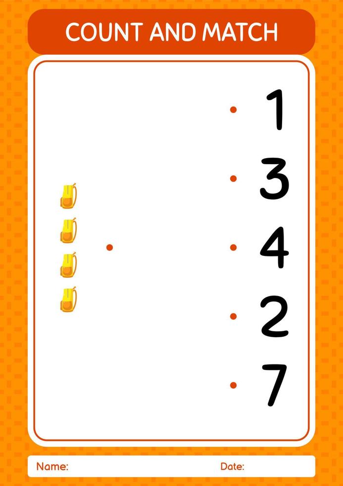 Count and match game with backpack. worksheet for preschool kids, kids activity sheet vector