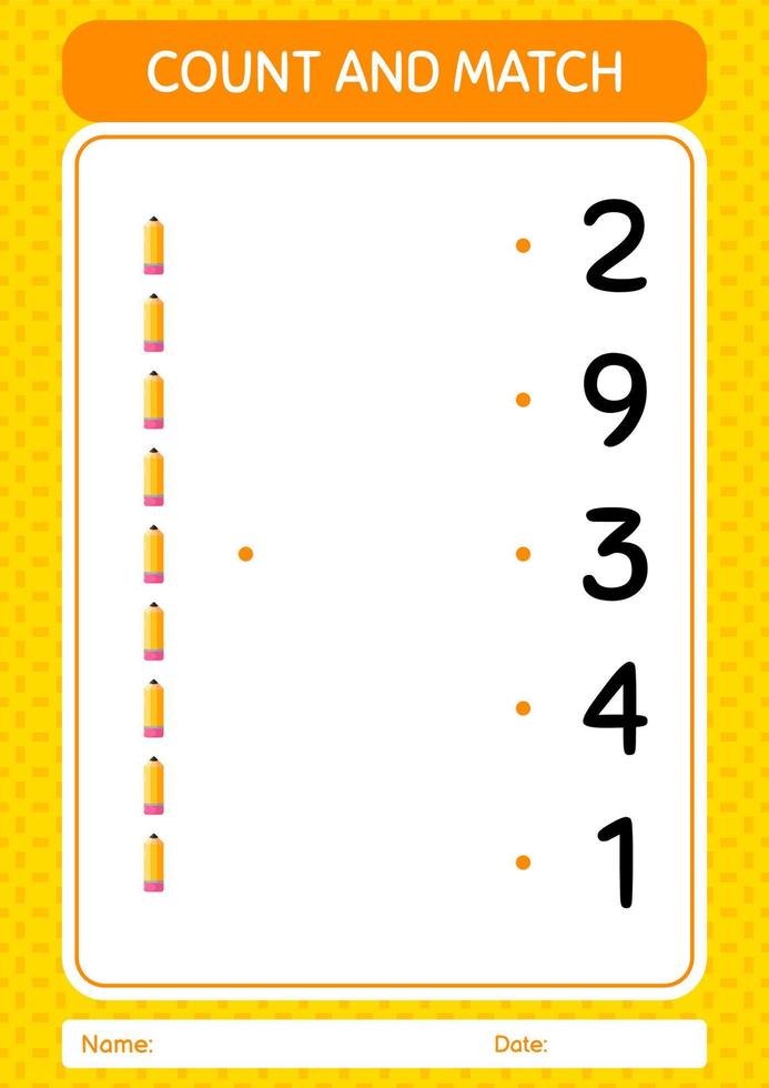 Count and match game with pencil. worksheet for preschool kids, kids activity sheet vector