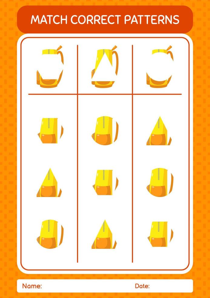 Match pattern game with backpack. worksheet for preschool kids, kids activity sheet vector