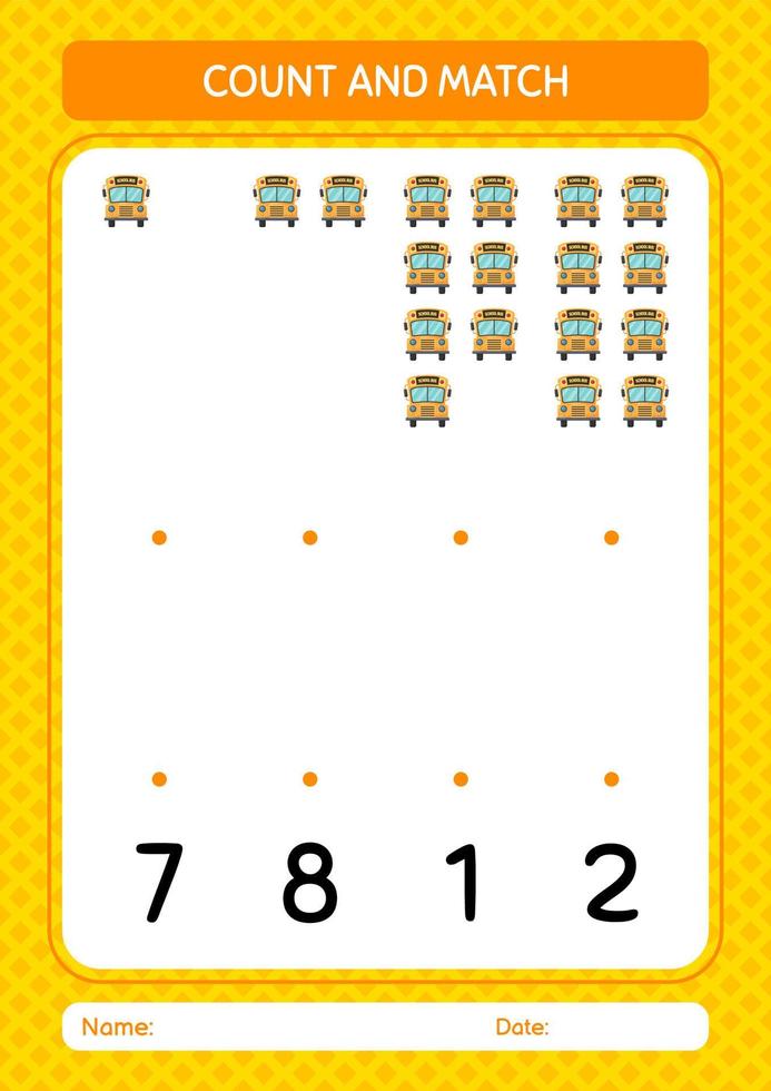 Count and match game with school bus. worksheet for preschool kids, kids activity sheet vector