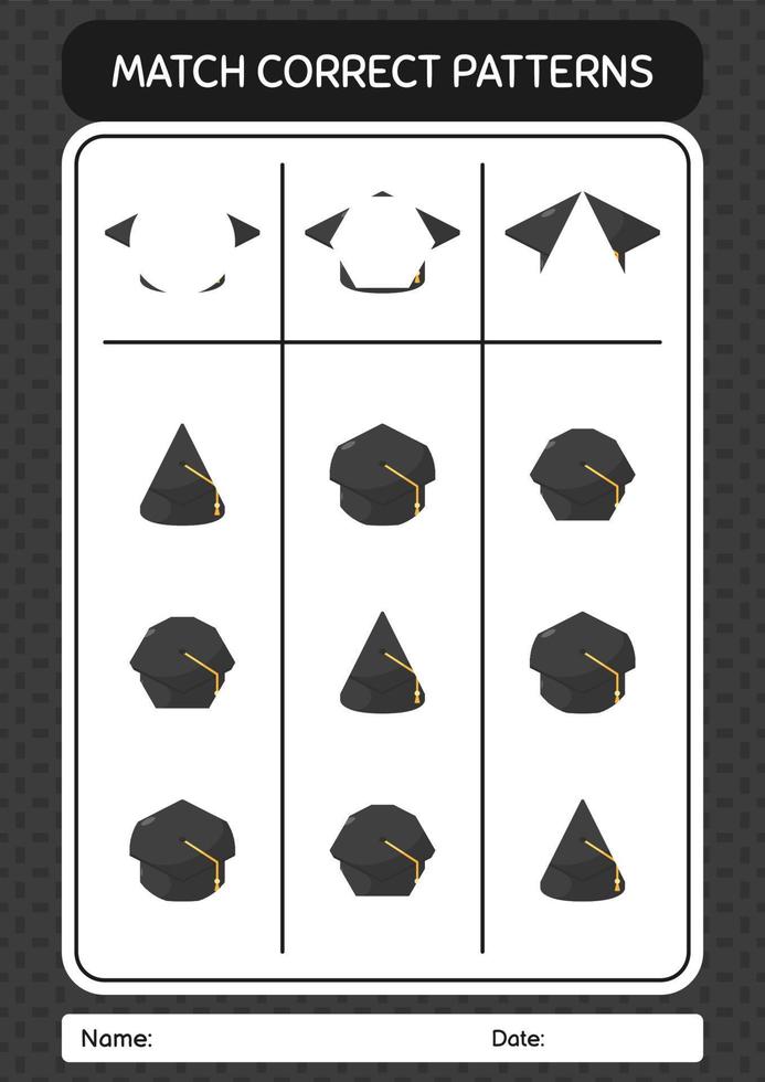 Match pattern game with graduation cap. worksheet for preschool kids, kids activity sheet vector