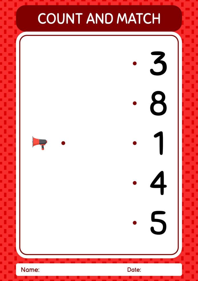Count and match game with horn loudspeakers. worksheet for preschool kids, kids activity sheet vector