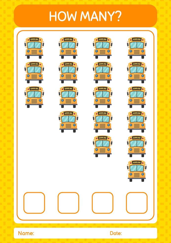 How many counting game with school bus. worksheet for preschool kids, kids activity sheet vector