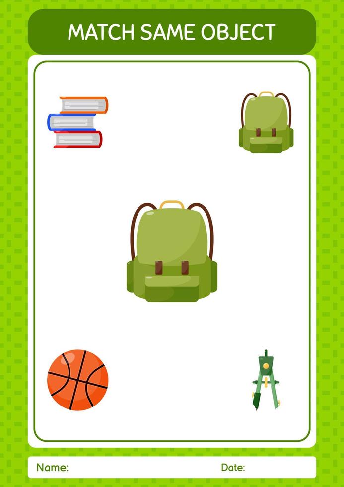 Match with same object game backpack. worksheet for preschool kids, kids activity sheet vector