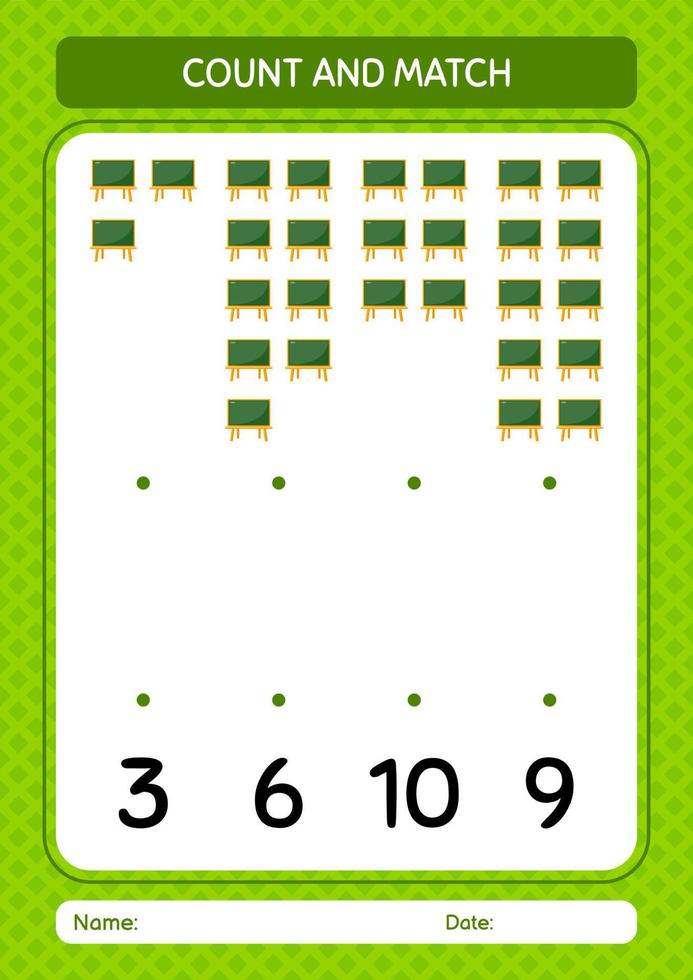 Count and match game with chalkboard. worksheet for preschool kids, kids activity sheet vector