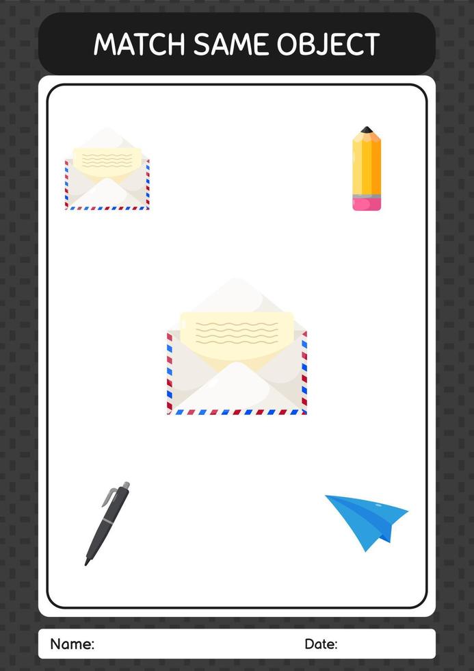 Match with same object game paper mail. worksheet for preschool kids, kids activity sheet vector