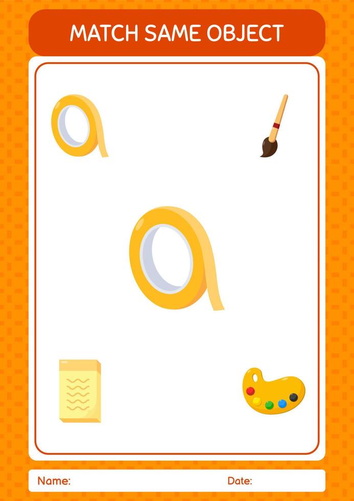 Match with same object game masking tape. worksheet for preschool kids, kids activity sheet vector