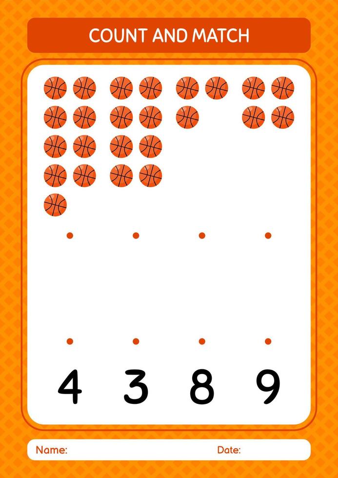 juego de contar y combinar con baloncesto. hoja de trabajo para niños en edad preescolar, hoja de actividades para niños vector