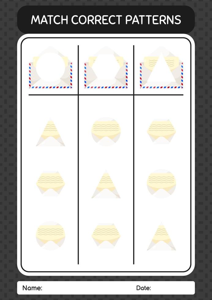 Match pattern game with paper mail. worksheet for preschool kids, kids activity sheet vector