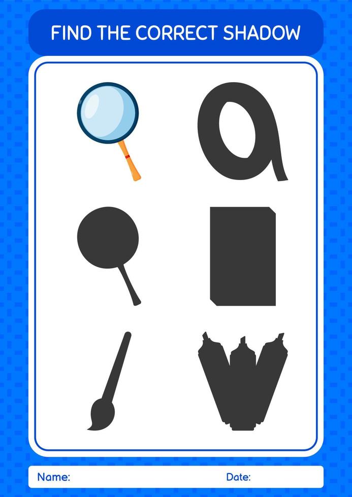 Find the correct shadows game with magnifying glass. worksheet for preschool kids, kids activity sheet vector
