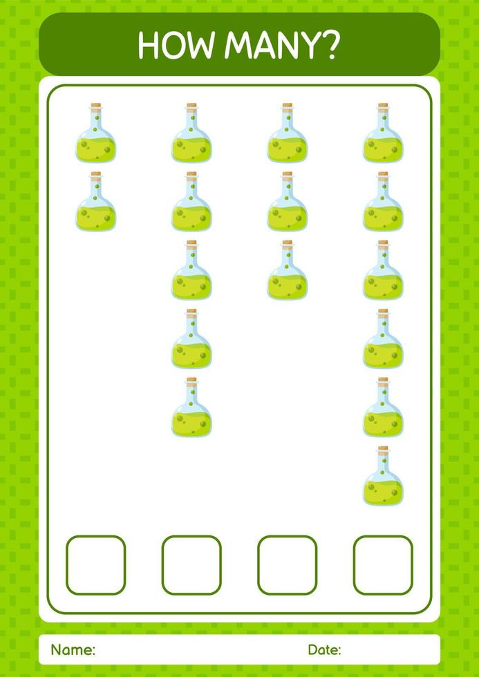 How many counting game with chemical bottle. worksheet for preschool kids, kids activity sheet vector
