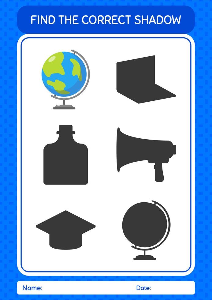 Find the correct shadows game with globe. worksheet for preschool kids, kids activity sheet vector