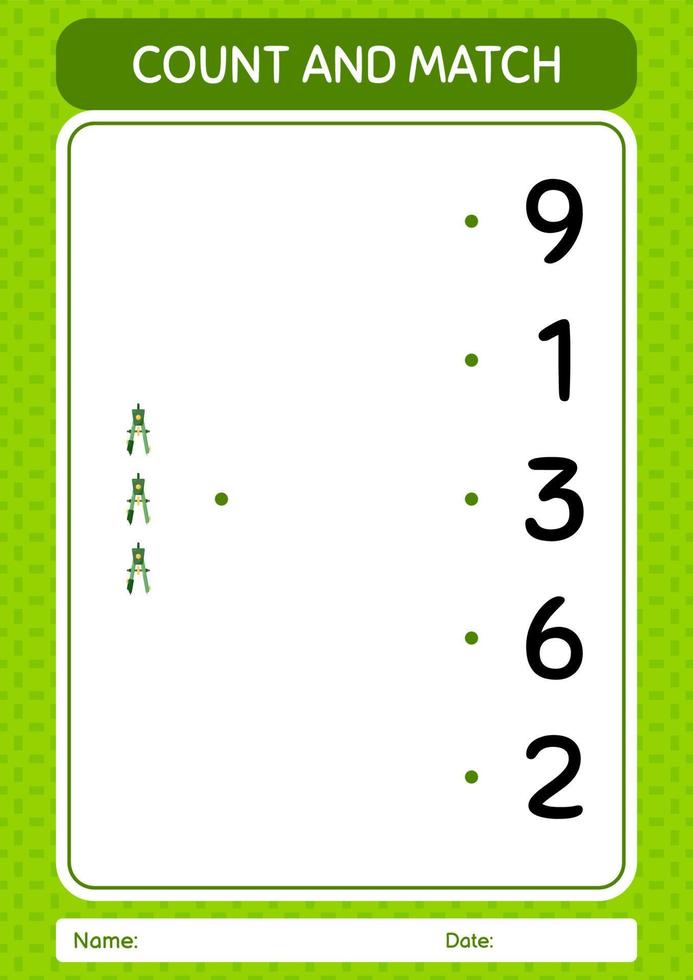 Count and match game with bow compass. worksheet for preschool kids, kids activity sheet vector
