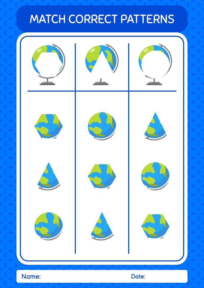 Match pattern game with globe. worksheet for preschool kids, kids activity sheet vector