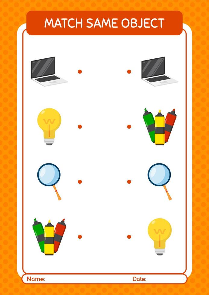 Match with same object game summer icon. worksheet for preschool kids, kids activity sheet vector