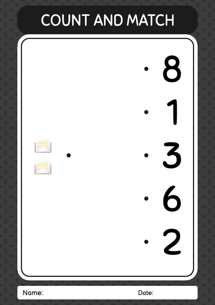 Count and match game with paper mail. worksheet for preschool kids, kids activity sheet vector