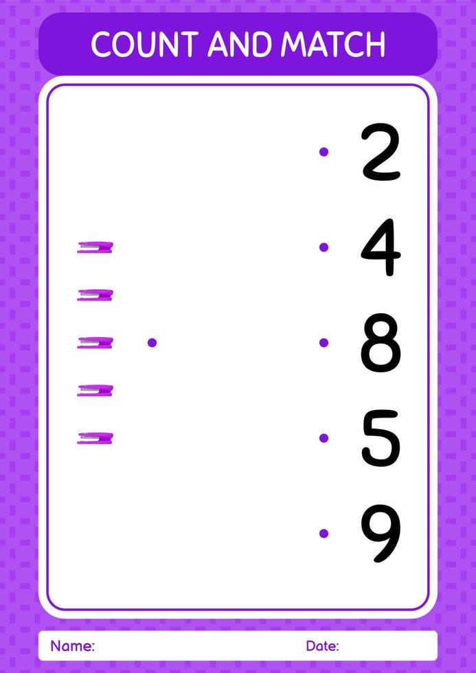 Count and match game with stapler. worksheet for preschool kids, kids activity sheet vector