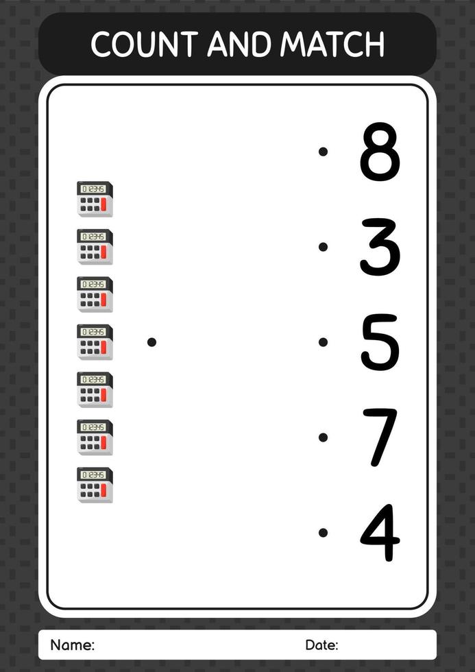 Count and match game with calculator. worksheet for preschool kids, kids activity sheet vector