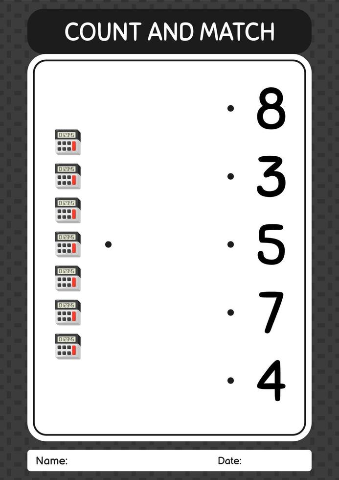 Count and match game with calculator. worksheet for preschool kids, kids activity sheet vector