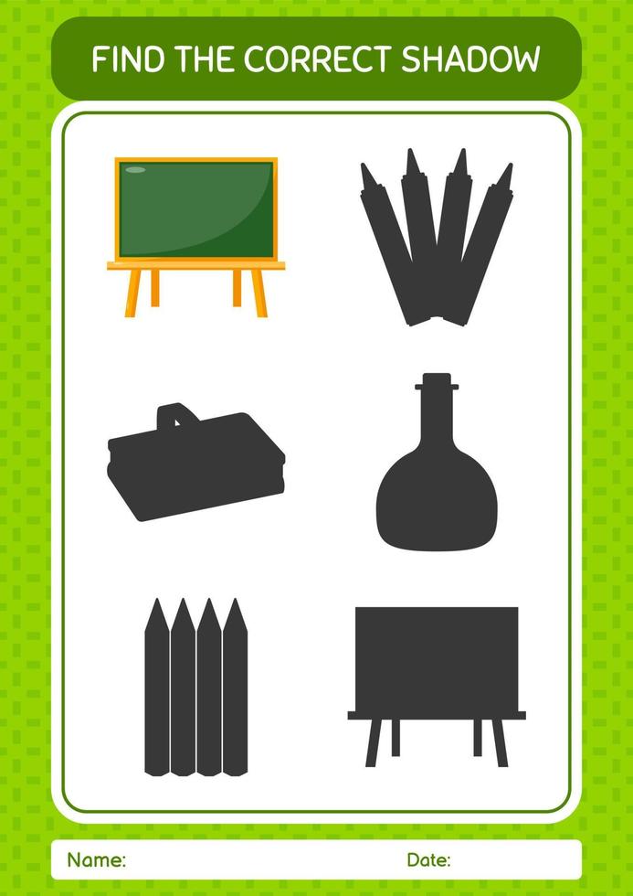 Find the correct shadows game with chalkboard. worksheet for preschool kids, kids activity sheet vector
