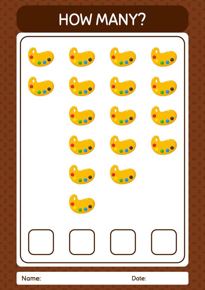 How many counting game with paint palette. worksheet for preschool kids, kids activity sheet vector