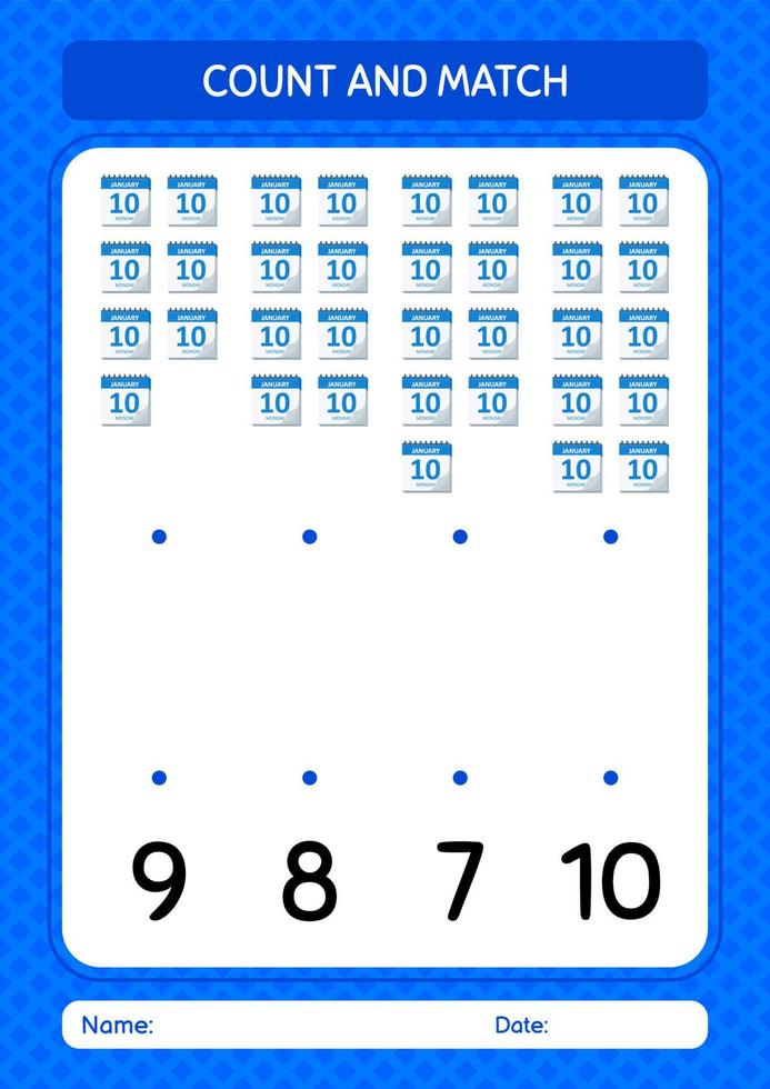 Count and match game with calendar. worksheet for preschool kids, kids activity sheet vector