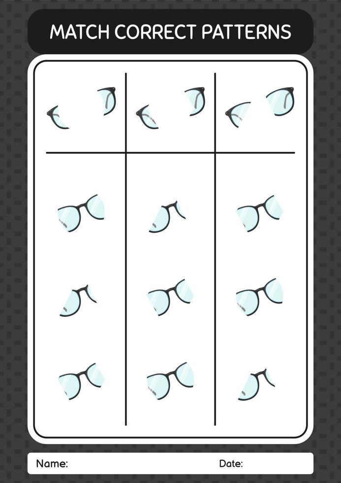 Match pattern game with glasses. worksheet for preschool kids, kids activity sheet vector
