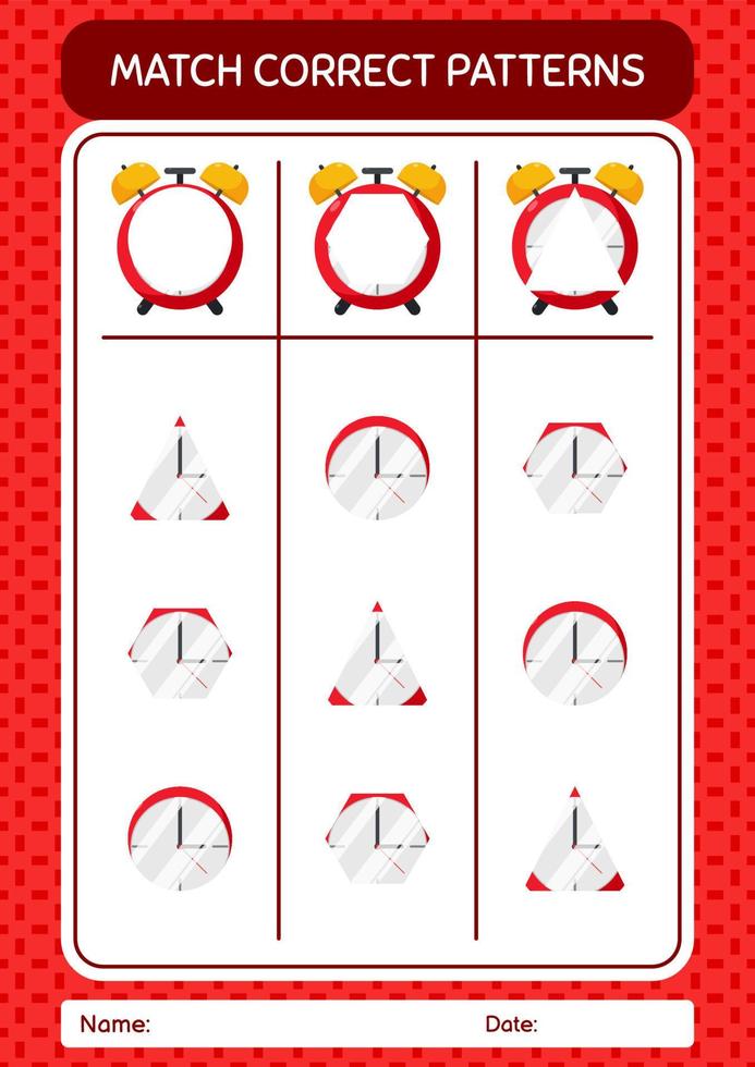 Match pattern game with waker clock. worksheet for preschool kids, kids activity sheet vector