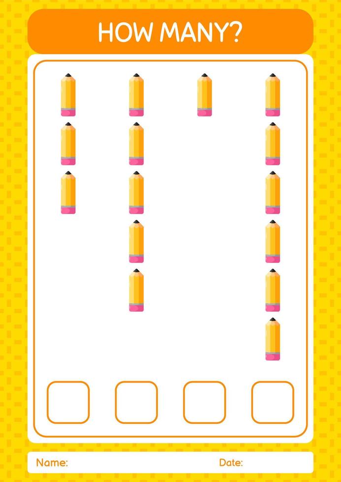 How many counting game with pencil. worksheet for preschool kids, kids activity sheet vector