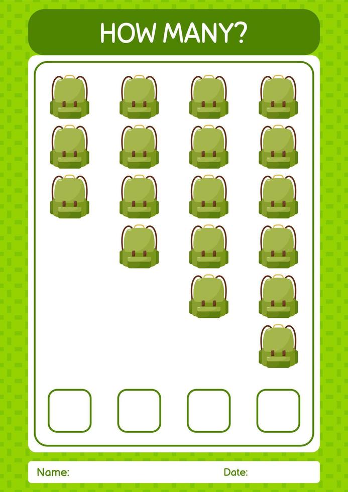 How many counting game with backpack. worksheet for preschool kids, kids activity sheet vector